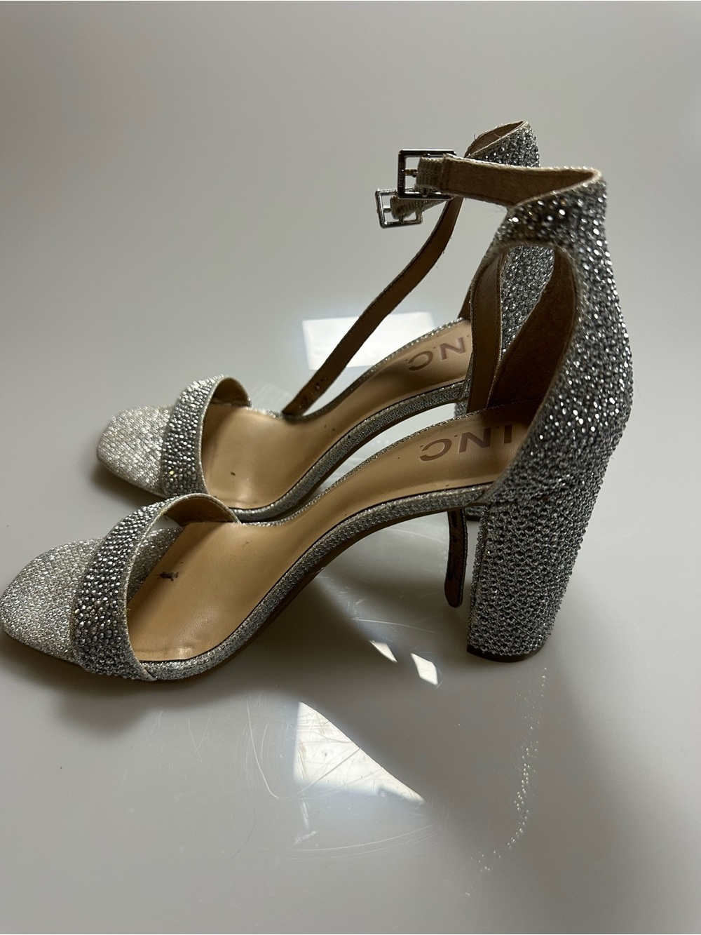 INC International Concepts Silver Rhinestone Ankle-Strap Block Heels